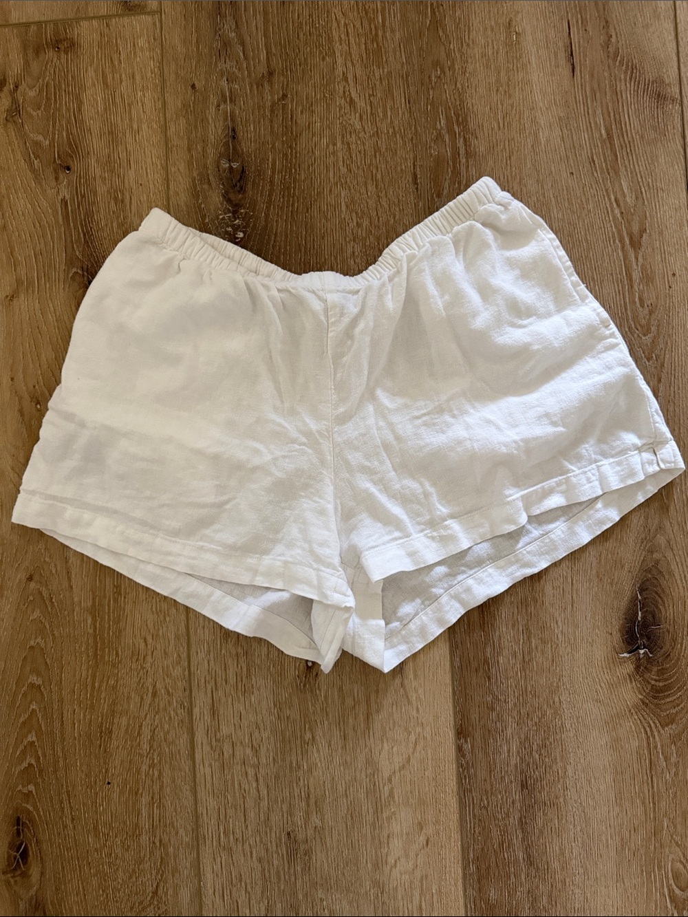 a new day | White High-Waist Elastic Linen-Blend Shorts | Hidden Drawstrings | M